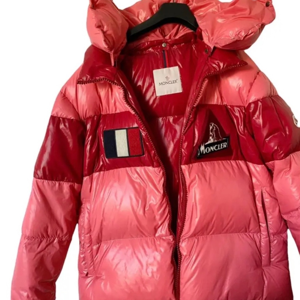 Pink and red moncler puffer coat